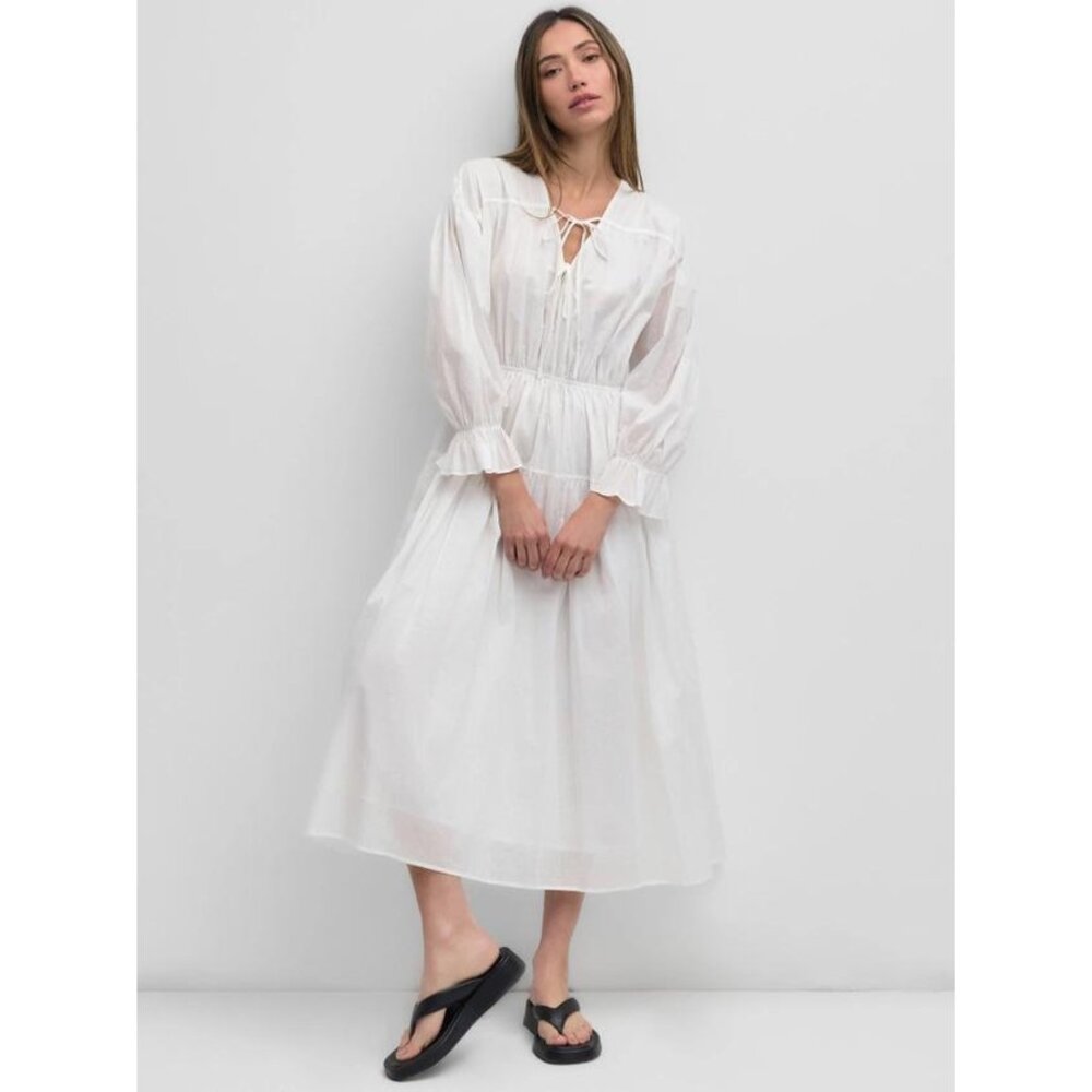 White Cotton Peasant Dress -Midi Length Smocked Waist Boho Style